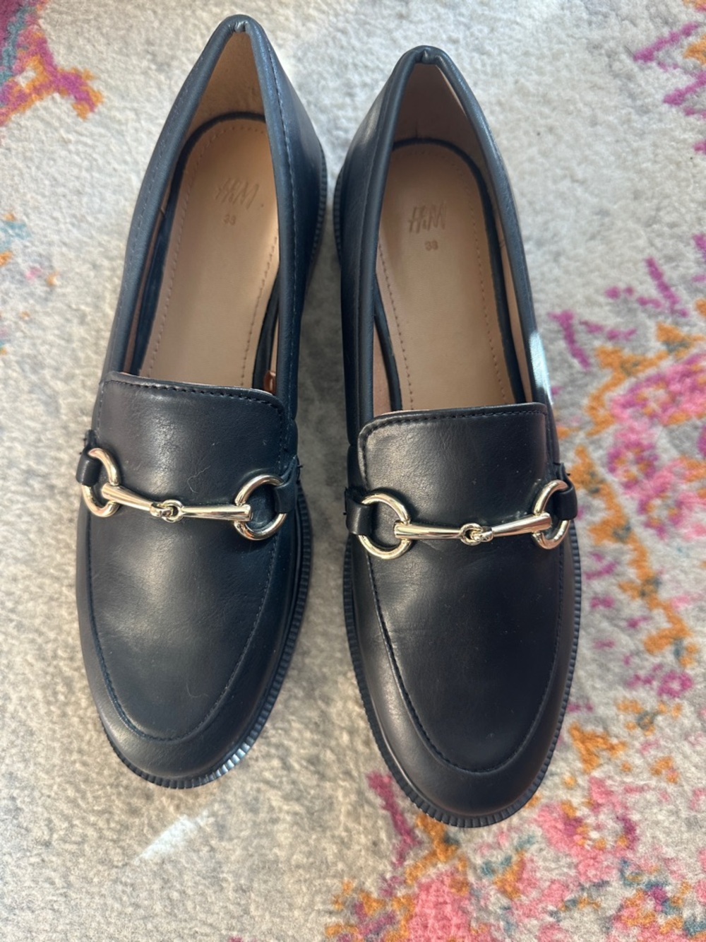 H&M Black Leather Bit Loafers with Gold Accent Women - Picture 3 of 7